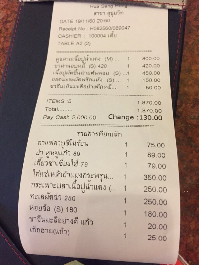 帳單，二人晚飯